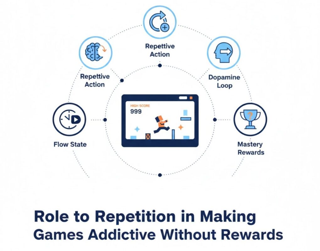 Role of Repetition in Making Simple Games Addictive Without Rewards